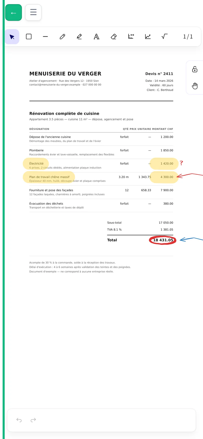 Rumil sur un téléphone : le devis annoté s'affiche en plein écran avec une barre d'outils compacte.