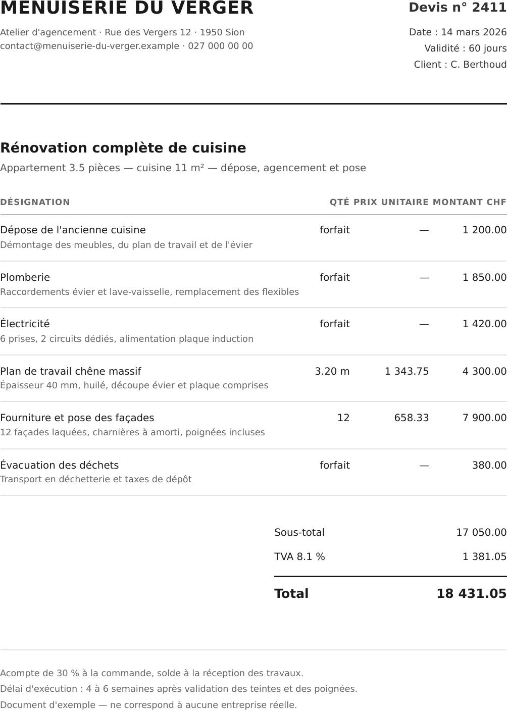 Le devis tel qu'il arrive par courriel, sans aucune annotation.